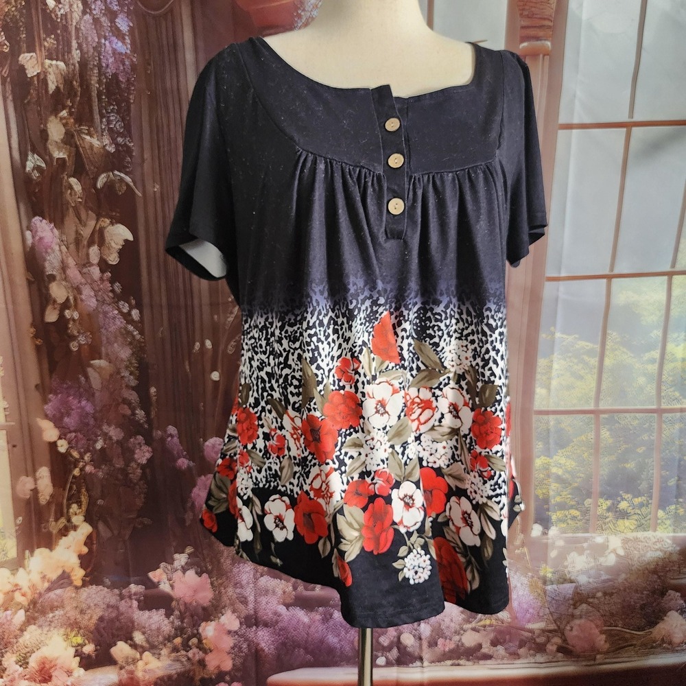 Floral Leopard Print Button Front Boho Pullover Top Black Red XL